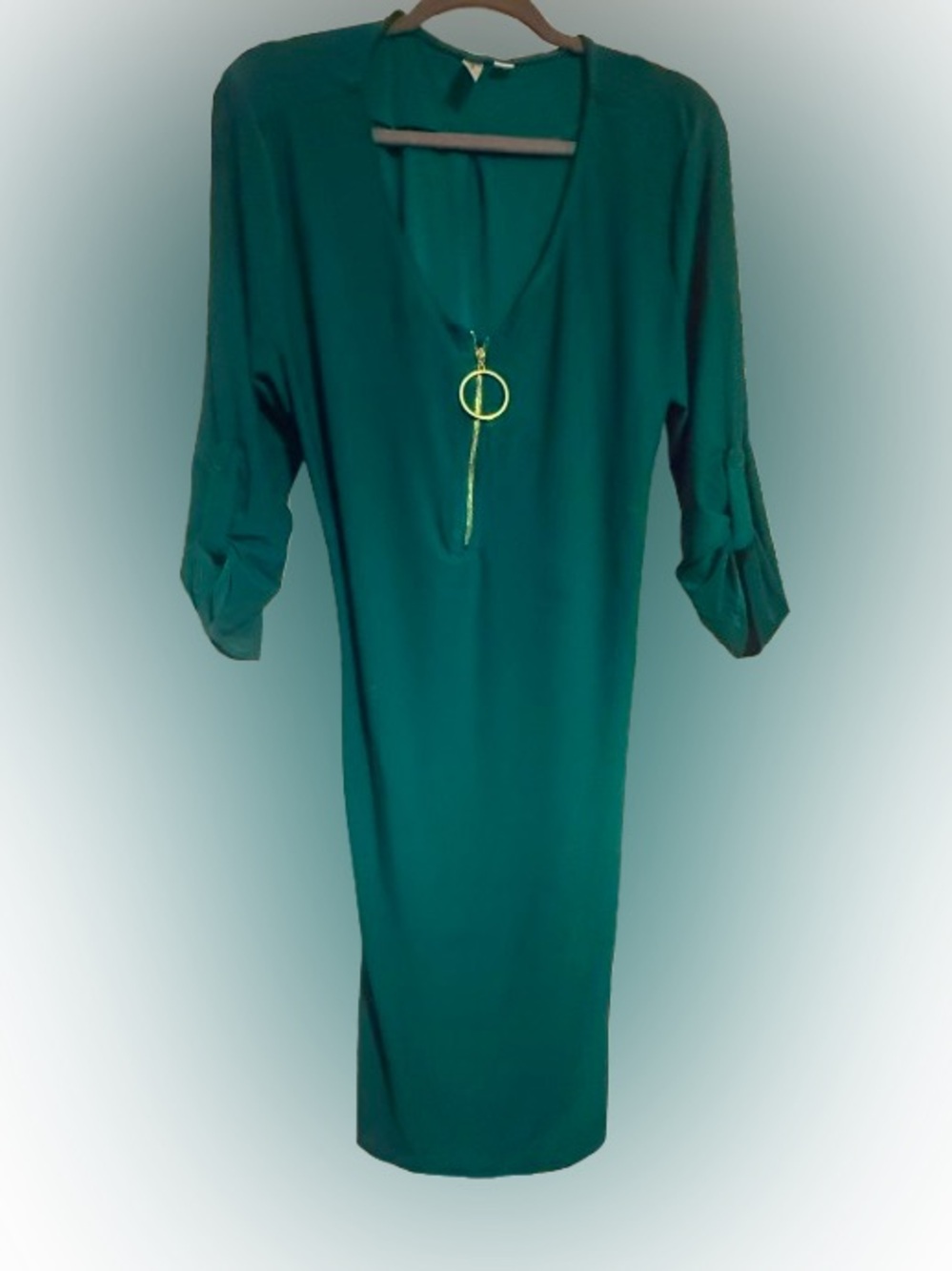 Tacera Emerald Green V-Neck Midi Dress with Gold Ring Zip